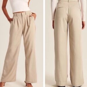 A&F 100% Lyocell Wide Leg Loose Lightweight Trousers With Pockets in Stone Color